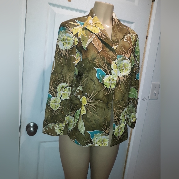 PECK & PECK OLIVE GREEN FLORAL OPEN JACKET SZ 14 - Picture 3 of 6